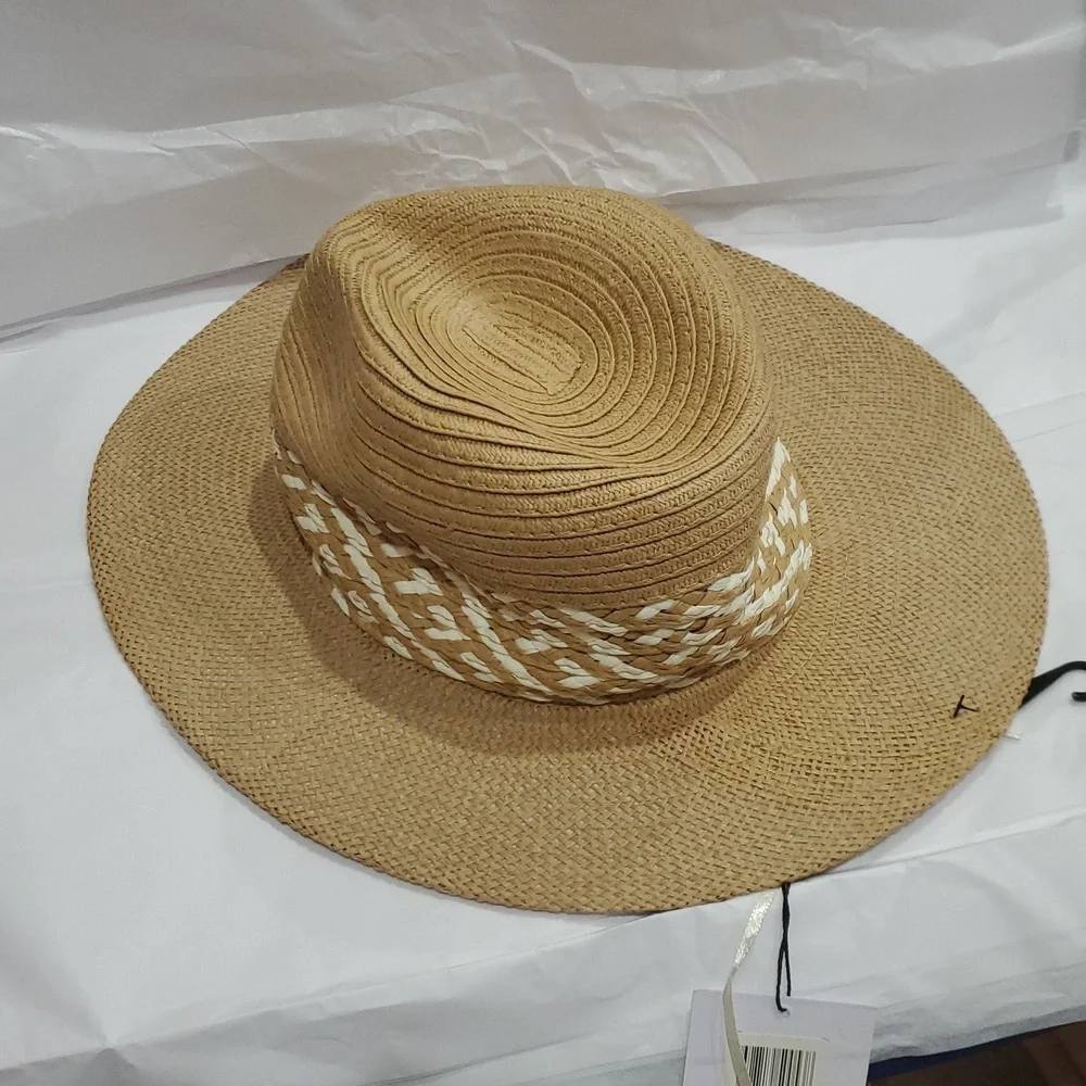 Joe's‎ jean tan cream color block braided detail straw panama style hat new